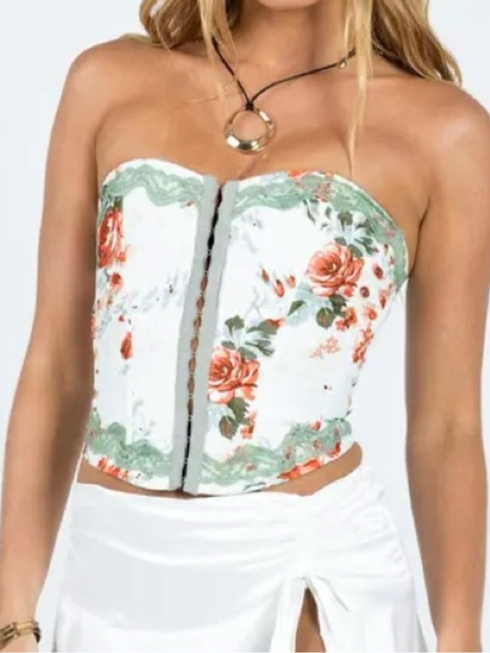 Princess Polly White Floral Lace-Trim Strapless Corset Top orange and green